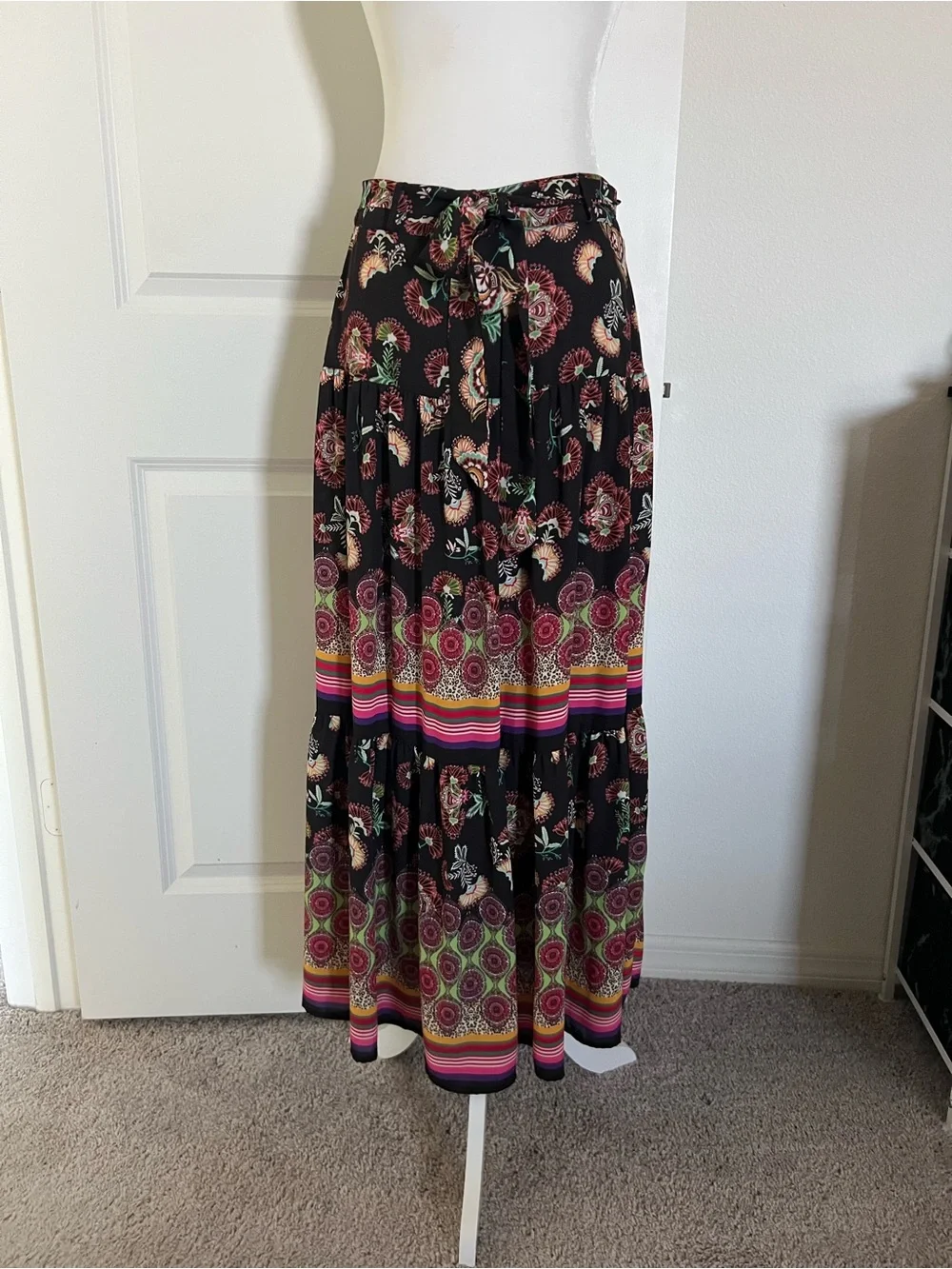 EUC Bohemian Tiered Maxi Skirt in Black with Multicolor Floral Print 4